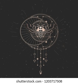 Vector illustration with hand drawn dead head moth and Sacred geometric symbol on black vintage background. Abstract mystic sign and insect. Gold linear shape. For you design: tattoo, print, posters.