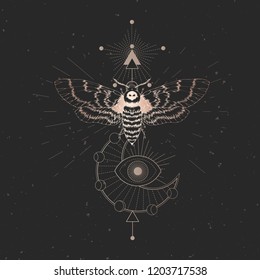 Vector illustration with hand drawn dead head moth and Sacred geometric symbol on black vintage background. Abstract mystic sign. Gold linear shape. For you design: tattoo, print, posters, t-shirts.
