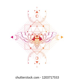 Vector illustration with hand drawn dead head moth and Sacred geometric symbol on white background. Abstract mystic sign. Colored linear shape. For you design: tattoo, print, t-shirts, textiles.