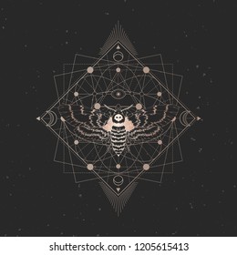 Vector illustration with hand drawn dead head moth and Sacred geometric symbol on black vintage background. Abstract mystic sign. Gold linear shape. For you design: tattoo, print, posters, t-shirts.