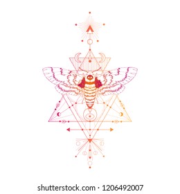 Vector illustration with hand drawn dead head moth and Sacred geometric symbol on white background. Abstract mystic sign. Colored linear shape. For you design: tattoo, print, posters, t-shirts.