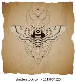 Vector illustration with hand drawn dead head moth and Sacred geometric symbol on vintage paper background with torn edges. Abstract mystic sign. Sepia linear shape. For you design.