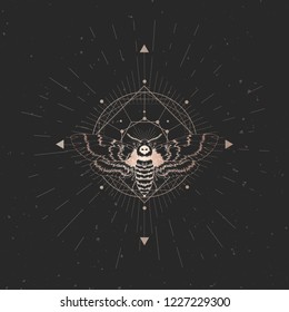 Vector illustration with hand drawn dead head moth and Sacred geometric symbol on black vintage background. Abstract mystic sign. Gold linear shape. For you design: tattoo, print, posters, t-shirts, t