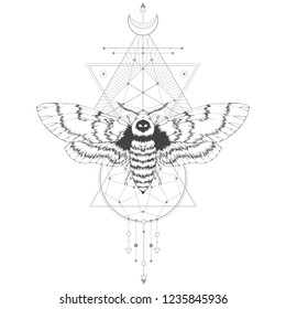 Vector illustration with hand drawn dead head moth and Sacred geometric symbol on white background. Abstract mystic sign. Black linear shape. For you design and magic craft.