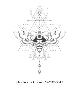 Vector illustration with hand drawn dead head moth and Sacred geometric symbol on white background. Abstract mystic sign. Black linear shape. For you design and magic craft.