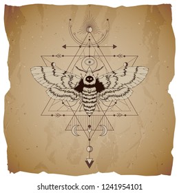 Vector illustration with hand drawn dead head moth and Sacred geometric symbol on vintage paper background with torn edges. Abstract mystic sign and insect. Sepia linear shape. For you design.