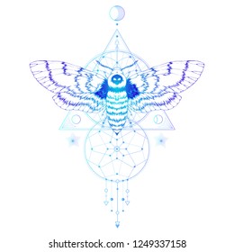 Vector illustration with hand drawn dead head moth and Sacred geometric symbol on white background. Abstract mystic sign. Colored linear shape. For you design: tattoo, print, posters, t-shirts.