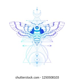 Vector illustration with hand drawn dead head moth and Sacred geometric symbol on white background. Abstract mystic sign. Colored linear shape. For you design: tattoo, print, posters, t-shirts.