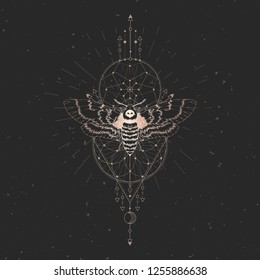 Vector illustration with hand drawn dead head moth and Sacred geometric symbol on black vintage background. Abstract mystic sign. Gold linear shape. For you design.