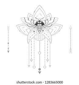 Vector illustration with hand drawn dead head moth and Sacred geometric symbol on white background. Abstract mystic sign. Black linear shape. For you design, tattoo or magic craft.