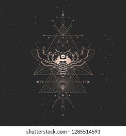 Vector illustration with hand drawn dead head moth and Sacred geometric symbol on black vintage background. Abstract mystic sign. Gold linear shape. For you design and other.