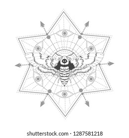 Vector illustration with hand drawn dead head moth and Sacred geometric symbol on white background. Abstract mystic sign. Black linear shape. For you design, tattoo or magic craft.
