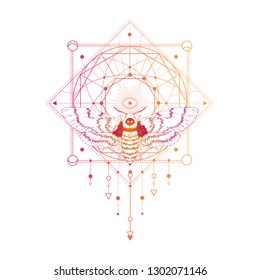 Vector illustration with hand drawn dead head moth and Sacred geometric symbol on white background and insect. Abstract mystic sign. Colored linear shape. For you design and other.