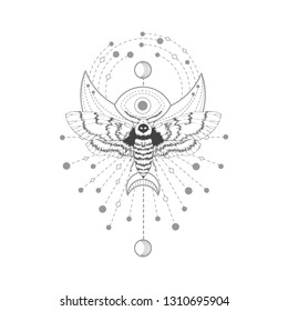 Vector illustration with hand drawn dead head moth and Sacred symbol on white background. Abstract mystic sign. Black linear shape. For you design, tattoo or magic craft.