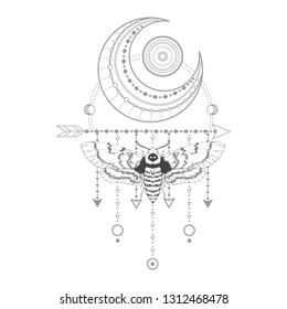 Vector illustration with hand drawn dead head moth and Sacred symbol on white background. Abstract mystic sign. Black linear shape. For you design, tattoo or magic craft.