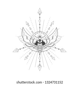 Vector illustration with hand drawn dead head moth and Sacred geometric symbol on white background. Abstract mystic sign. Black linear shape. For you design, tattoo or magic craft.