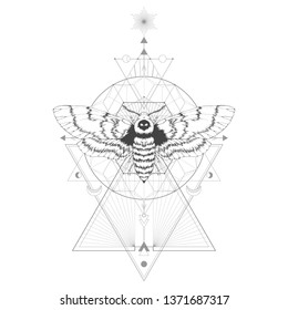 Vector illustration with hand drawn dead head moth and Sacred geometric symbol on white background. Abstract mystic sign. Black linear shape. For you design and magic craft.