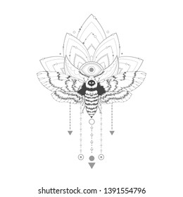 Vector illustration with hand drawn dead head moth and Sacred geometric symbol on white background. Abstract mystic sign. Black linear shape. For you design, tattoo or magic craft.