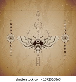 Vector illustration with hand drawn Dead head moth and Sacred geometric symbol on vintage paper background. Abstract mystic sign. Sepia linear shape. For you design and magic craft.