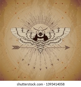 Vector illustration with hand drawn Dead head moth and Sacred geometric symbol on vintage paper background. Abstract mystic sign. Sepia linear shape. For you design and magic craft.