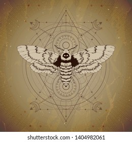 Vector illustration with hand drawn Dead head moth and Sacred geometric symbol on vintage paper background. Abstract mystic sign. Sepia linear shape. For you design and magic craft.