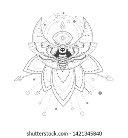 Vector illustration with hand drawn dead head moth and Sacred symbol on white background. Abstract mystic sign.