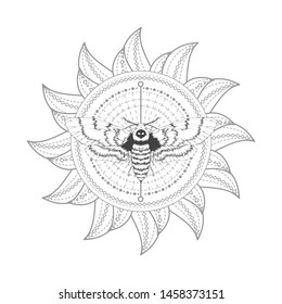 Vector illustration with hand drawn dead head moth and Sacred symbol on white background. Abstract mystic sign. Black linear shape. For you design, tattoo or magic craft.