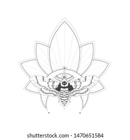 Vector illustration with hand drawn dead head moth and Sacred symbol on white background. Abstract mystic sign. Black linear shape. For you design, tattoo or magic craft.