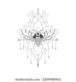 Vector illustration with hand drawn dead head moth and Sacred geometric symbol on white background. Abstract mystic sign. Black linear shape.