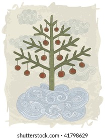 Vector illustration of hand drawn decorated Christmas tree