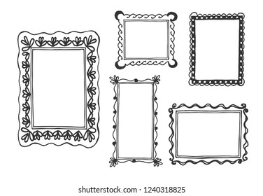 Vector illustration of hand drawn decoration vintage wall frames set. 