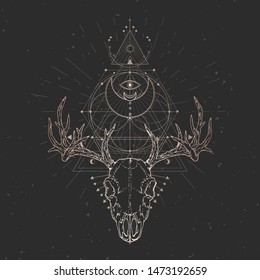 Vector illustration with hand drawn Deer skull and Sacred geometric symbol on black vintage background. Abstract mystic sign. Gold linear shape. For you design and magic craft.