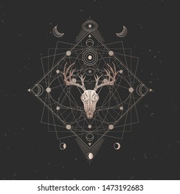 Vector illustration with hand drawn Deer skull and Sacred geometric symbol on black vintage background. Abstract mystic sign. Gold linear shape. For you design and magic craft.