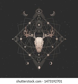 Vector illustration with hand drawn Deer skull and Sacred geometric symbol on black vintage background. Abstract mystic sign. Gold linear shape. For you design and magic craft.