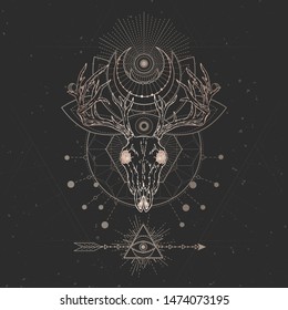 Vector illustration with hand drawn Deer skull and Sacred geometric symbol on black vintage background. Abstract mystic sign. Gold linear shape. For you design and magic craft.