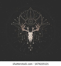 Vector illustration with hand drawn Deer skull and Sacred geometric symbol on black vintage background. Abstract mystic sign. Gold linear shape. For you design and magic craft.