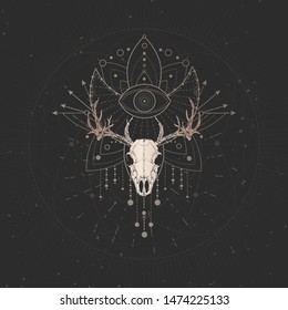 Vector illustration with hand drawn Deer skull and Sacred geometric symbol on black vintage background. Abstract mystic sign. Gold linear shape. For you design and magic craft.