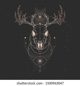 Vector illustration with hand drawn Deer skull and Sacred geometric symbol on black vintage background. Abstract mystic sign. Gold linear shape. For you design and magic craft.