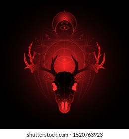 Vector illustration with hand drawn deer skull and Sacred geometric symbol on black background. Abstract mystic sign. Red linear shape. For you design, tattoo or magic craft. - Powered by Shutterstock - Get 15% off with code: PIKWIZARD15