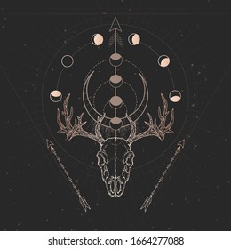 Vector illustration with hand drawn Deer skull and Sacred geometric symbol on black vintage background. Abstract mystic sign. Gold linear shape. For you design and magic craft.