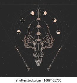 Vector illustration with hand drawn Deer skull and Sacred geometric symbol on black vintage background. Gold linear shape. 