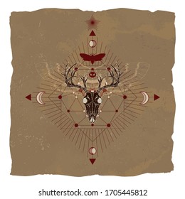 Vector illustration with hand drawn deer skull, dead head moth and Geometric symbol on vintage paper background with torn edges. Image in sepia  and red color. 