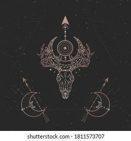 Vector illustration with hand drawn Deer skull and geometric symbol on black background. Abstract mystic sign. Gold linear shape. 