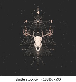 Vector illustration with hand drawn Deer skull and Sacred geometric symbol on black vintage background. Abstract mystic sign. Gold linear shape.