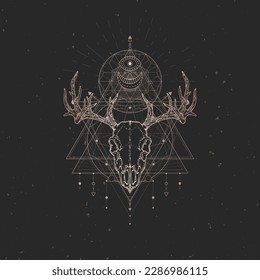 Vector illustration with hand drawn Deer skull and Sacred geometric symbol on black vintage background. Abstract mystic sign. Gold linear shape.