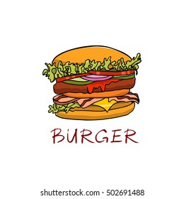 Vector illustration of hand drawn delicious burger.  Beautiful design elements, perfect for any business related to the food industry.