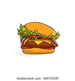 Vector illustration of hand drawn delicious burger. Beautiful design elements, perfect for any business related to the food industry.