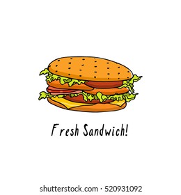 Vector illustration of hand drawn delicious sandwich. Beautiful food design elements, perfect for any business related to the food industry.