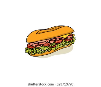 Vector illustration of hand drawn delicious sandwich. Beautiful food design elements, perfect for any business related to the food industry.