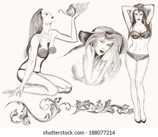 Vector illustration with hand drawn detailed beautiful girls 